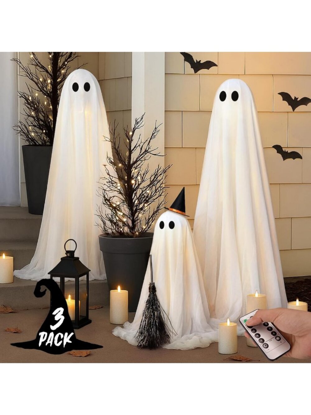 Spooky Cute Light Up Ghosts - Set of 3 with Timer & 8 Modes | Halloween Yard